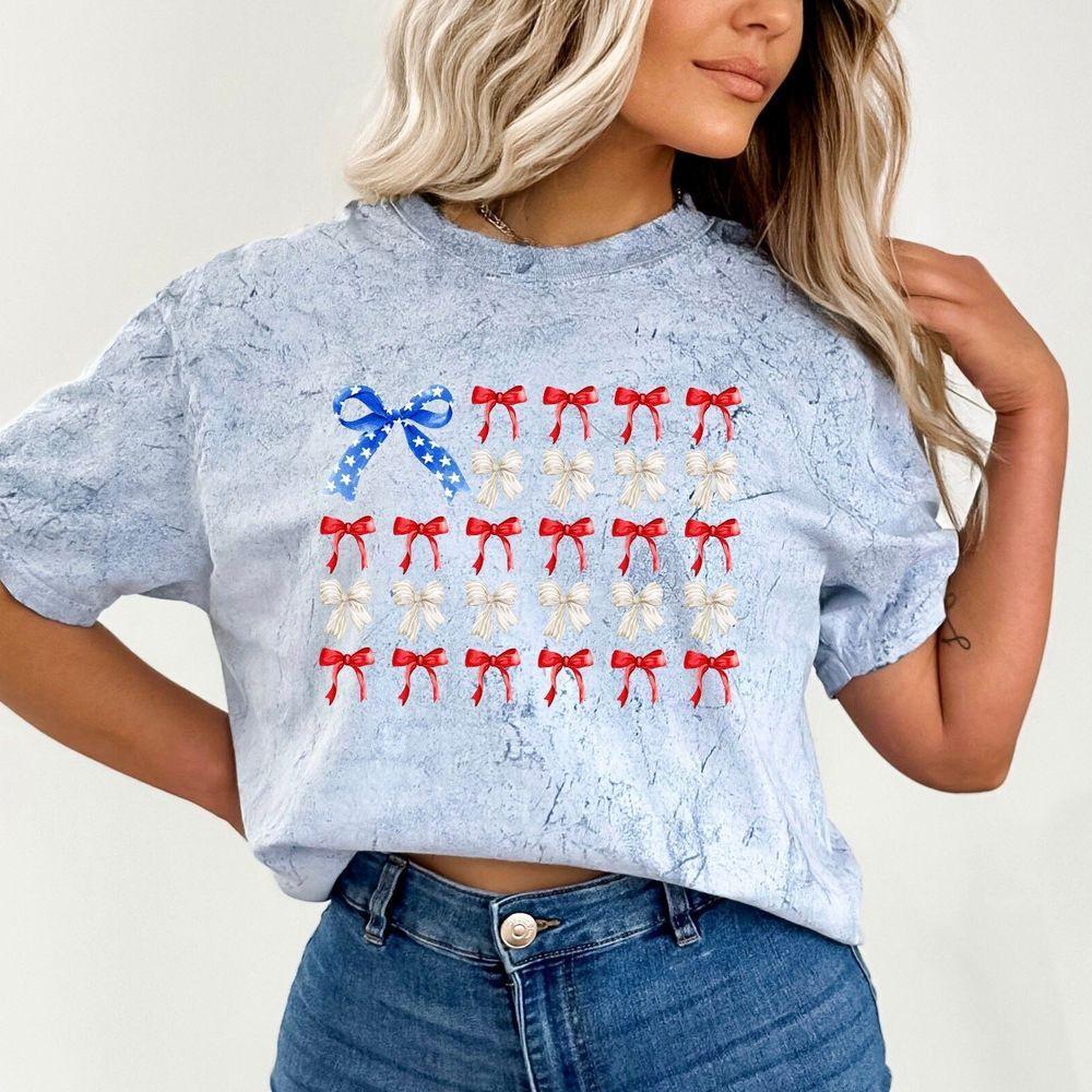 America Flag Bow Comfort Colors Tie Dye Shirt Freedom Vintage Fourth Of July Shirt July 4th 4th Of July T America Patriotic Independence Design T-shirt